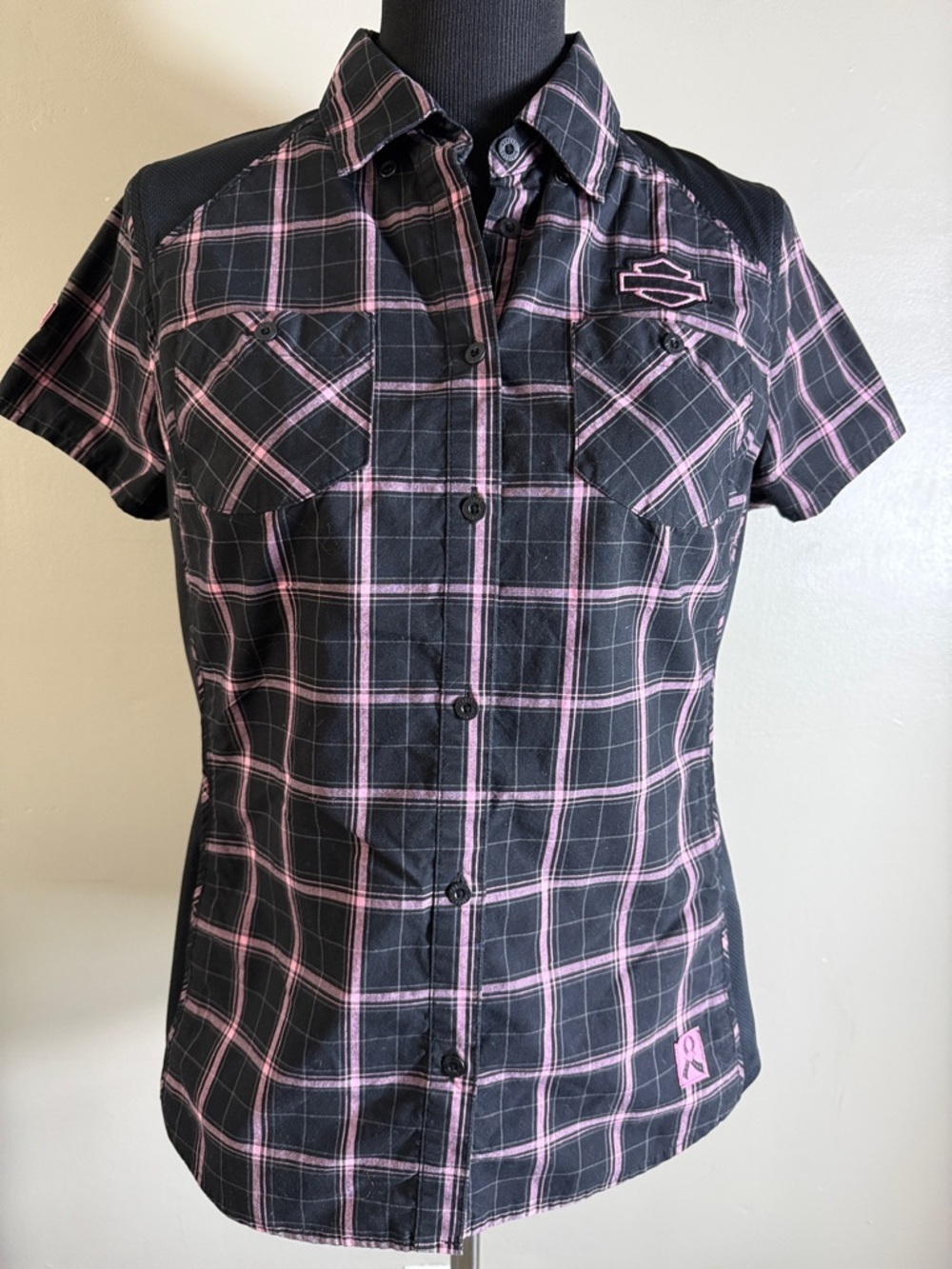 Harley Davidson Pink Label Black & Pink Plaid Button-Up Short Sleeve Shirt Sz M